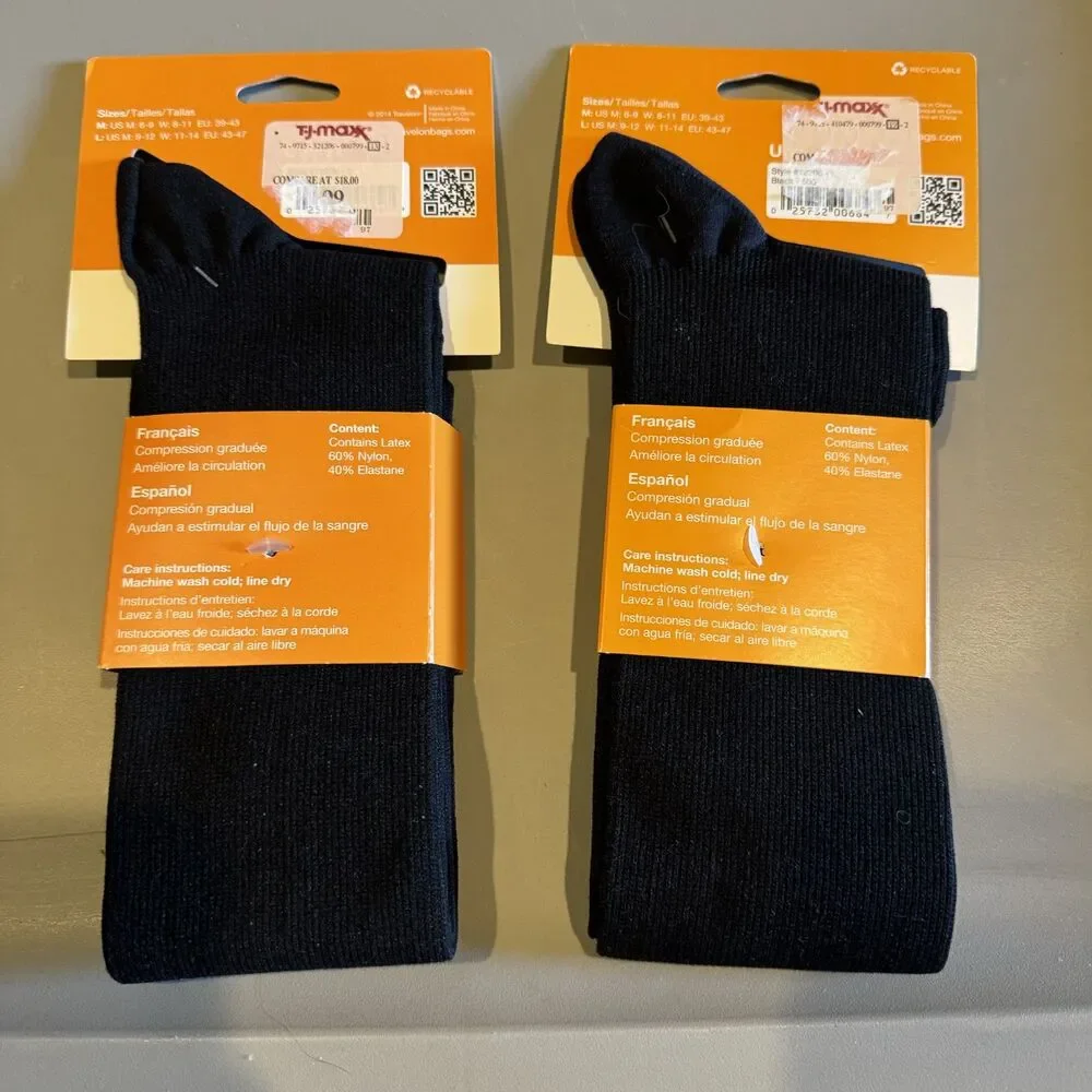 New Travelon Compression Socks 2 Pair Black Knee High Travel Support Size Large